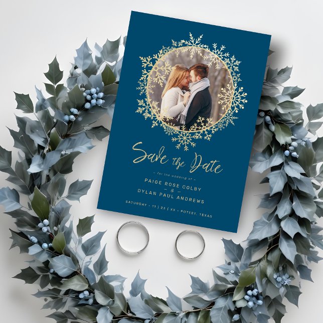 Gold Snowflakes Wedding Engagement Round Photo (Lovely Gold Snowflakes Wreath Photo Frame Wedding Save the Dates Cards.)