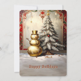 Gold Snowman Christmas Tree Holiday Card Julkort