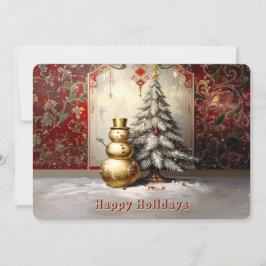 Gold Snowman Christmas Tree Holiday Card Julkort