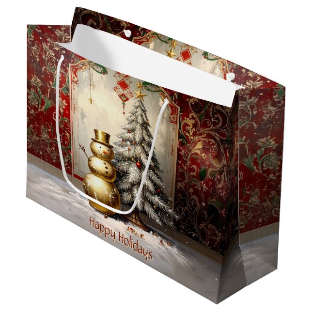 Gold Snowman Christmas Tree Holiday Gift Bag (Framsidan Vinklad)