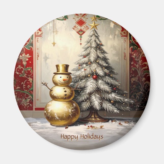 Gold Snowman Christmas Tree Holiday Magnet (Framsidan)