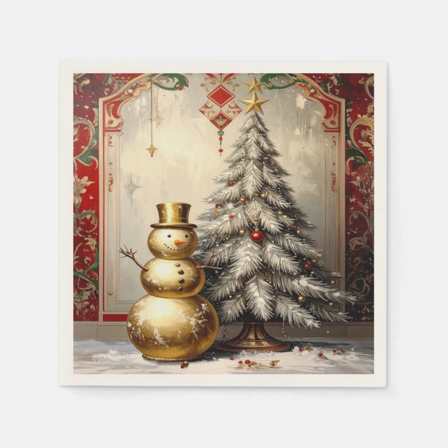 Gold Snowman Christmas Tree Holiday Napkin Pappersservett (Framsidan)