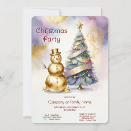 Gold Snowman Christmas Tree Holiday Party Inbjudningar