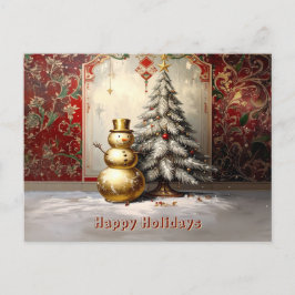 Gold Snowman Christmas Tree Holiday Postcard Vykort