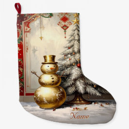 Gold Snowman Christmas Tree Holiday Stocking Stor Julstrumpa