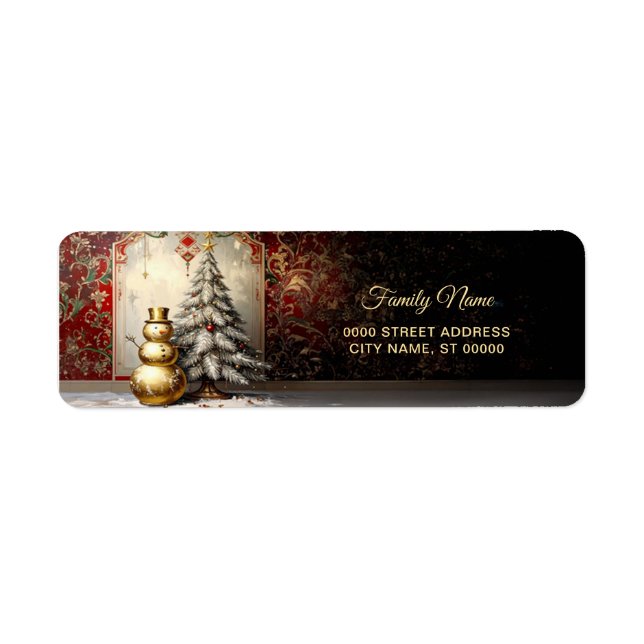 Gold Snowman Christmas Tree Return Address Label Returadress Etikett (Framsidan)