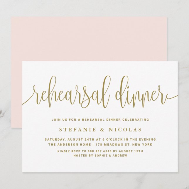 Gold söt Kalligraphy Rehearsal Dinner Inbjudningar (Fram/baksida)