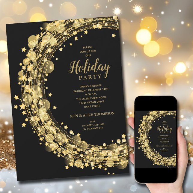 Gold Star Wreath on Black Christmas Holiday Inbjudningar (Gold star wreath on black holiday Christmas invitations, PRINTED and/or INSTANT DOWNLOAD)