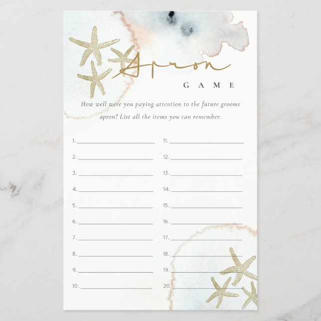 Gold Starfish Apron Memory Bridal Shower Game Flygblad (Framsidan)
