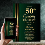 Gold Striped Black Green 50th Surprise Birthday Inbjudningar<br><div class="desc">Make the surprise unforgettable with this stylish gold striped black and green surprise 50th birthday party invitation. The customizable text templates allow you to add the name of the honored guest, the secret party details, and the venue with ease. Your guest of honor will be in for a night of...</div>