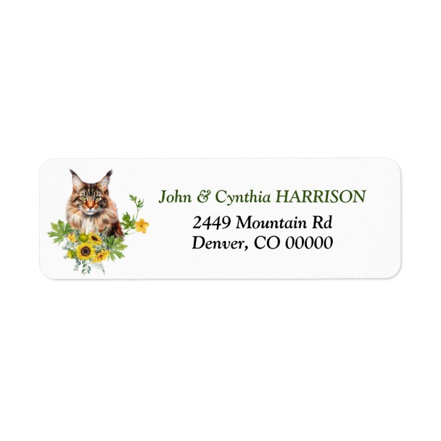 Gold Summer Sunflower Maine Coon Cat  Returadress Etikett (Framsidan)