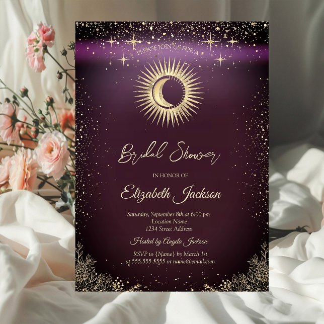 Gold Sun,Moon,Stars Flowers Burgundy Bridal Shower Inbjudningar (Skapare uppladdad)