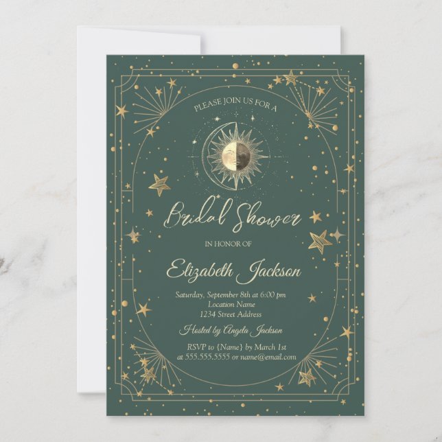 Gold Sun Stars Frame Green Bridal Shower Inbjudningar (Framsida)