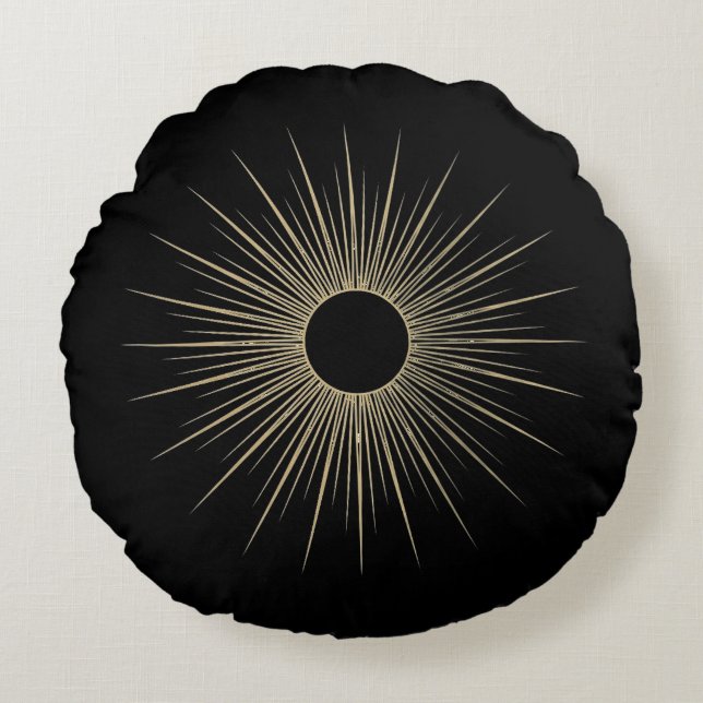 Gold Sunburst Black Minimal Round Throw Pillow Rund Kudde (Framsidan)