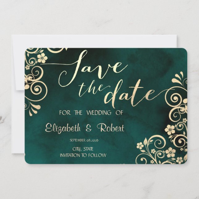 Gold Swirls Emerald Green Wedding Save The Date Spara Datumet (Framsida)