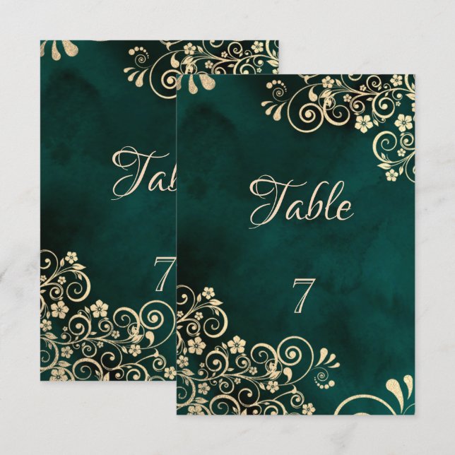 Gold Swirls Emerald Green Wedding Table Number Inbjudningar (Fram/baksida)