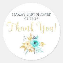 Gold Teal Floral Baby Shower Favor - tack för dina Runt Klistermärke