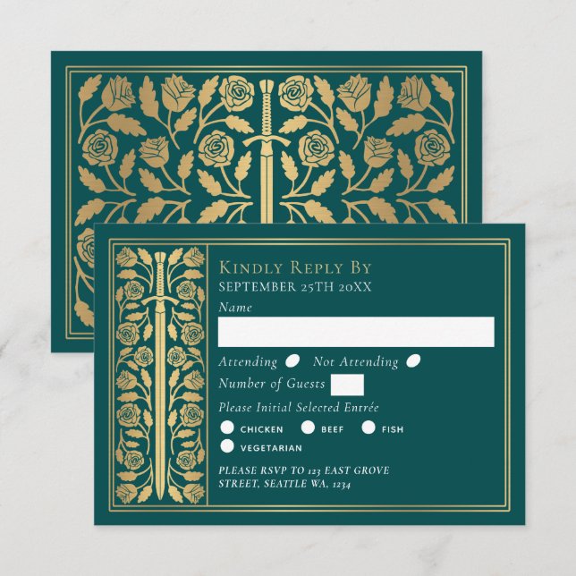 Gold Teal Medieval Sword Wedding RSVP OSA Kort (Fram/baksida)