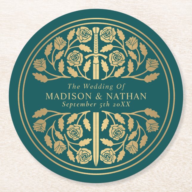 Gold Teal Royal Medieval Sword Wedding Underlägg Papper Rund (Framsidan)