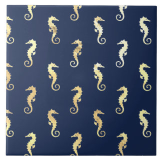 Gold Tone Seahorses over Navy Blue Kakelplatta