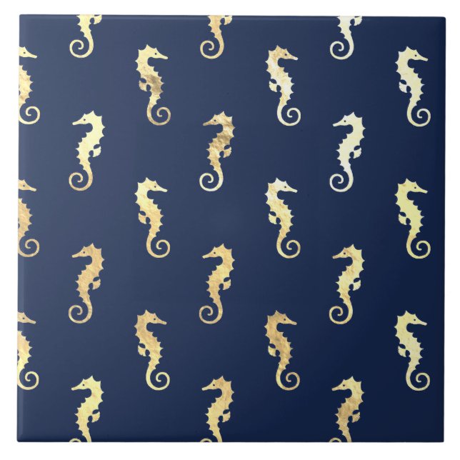 Gold Tone Seahorses over Navy Blue Kakelplatta (Framsidan)