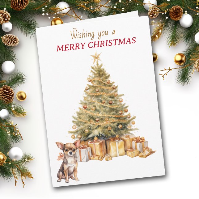 Gold Tree Chihuahua Puppy Dog Christmas Card Helgkort (Skapare uppladdad)