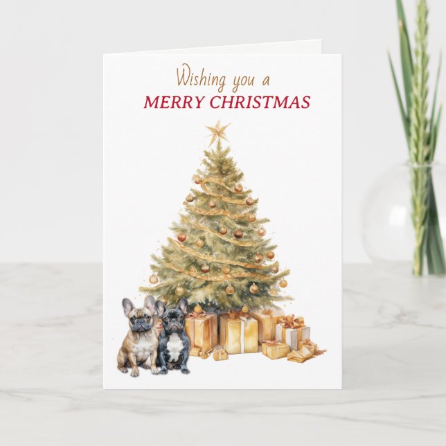 Gold Tree French Bulldogs Christmas Card Helgkort (Framsida)
