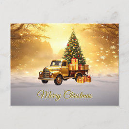 Gold Truck Christmas Tree Holiday Postcard Vykort