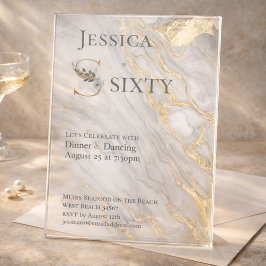 Gold Vein Marble Floral Monogram 60th Birthday 