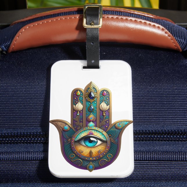 Gold Violet Teal Hamsa w/ Turquoise Third Eye Bagagebricka (Framsida Insitu 2)