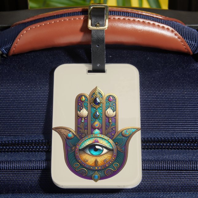 Gold Violet Teal Hamsa w/ Turquoise Third Eye Bagagebricka (Framsida Insitu 2)