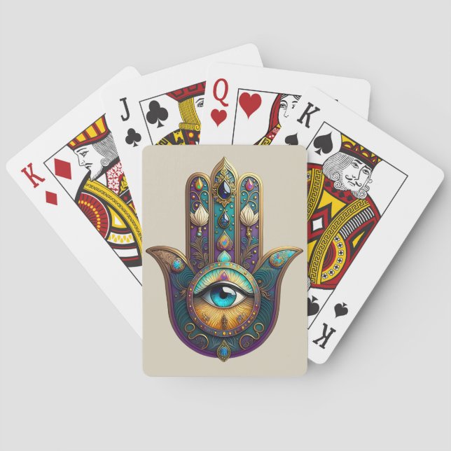 Gold Violet Teal Hamsa w/ Turquoise Third Eye Casinokort (Baksidan)
