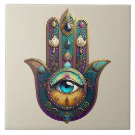 Gold Violet Teal Hamsa w/ Turquoise Third Eye Kakelplatta