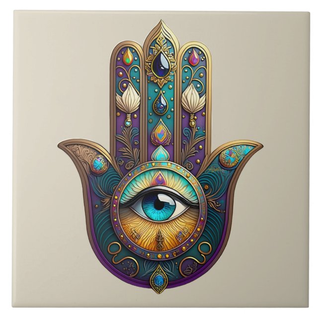 Gold Violet Teal Hamsa w/ Turquoise Third Eye Kakelplatta (Framsidan)