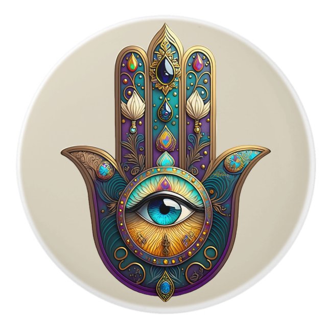 Gold Violet Teal Hamsa w/ Turquoise Third Eye Knopp (Framsidan)