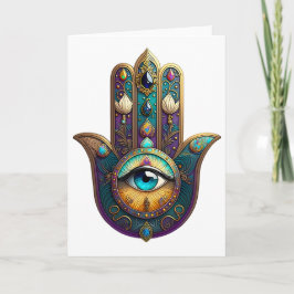 Gold Violet Teal Hamsa w/ Turquoise Third Eye Kort
