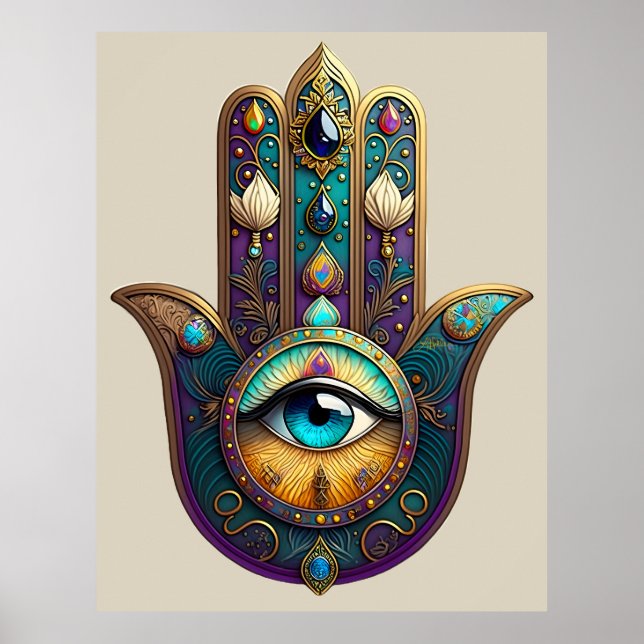 Gold Violet Teal Hamsa w/ Turquoise Third Eye Poster (Framsidan)