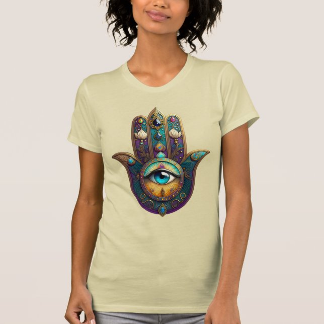 Gold Violet Teal Hamsa w/ Turquoise Third Eye T Shirt (Framsida)