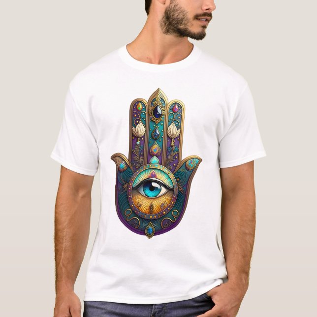 Gold Violet Teal Hamsa w/ Turquoise Third Eye T Shirt (Framsida)