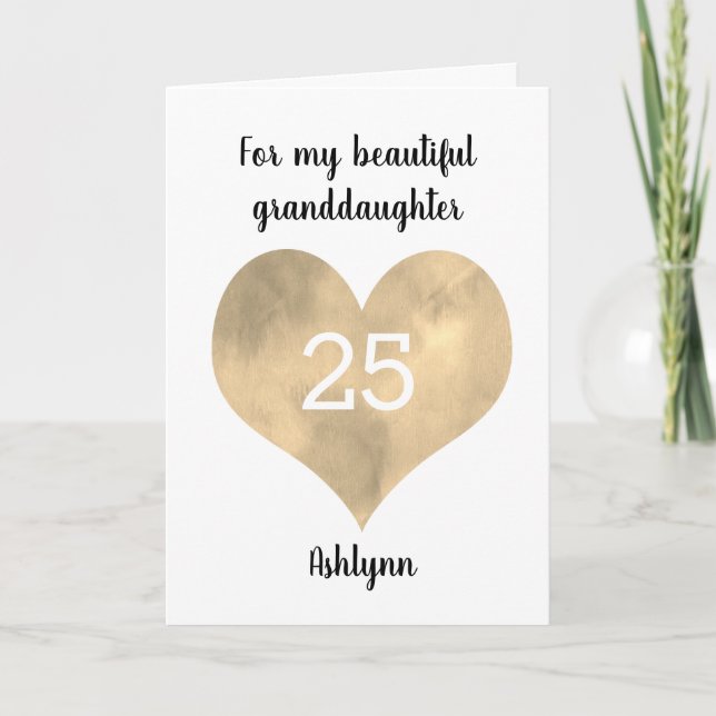 Gold Watercolor Heart 25th Birthday Kort (Framsida)