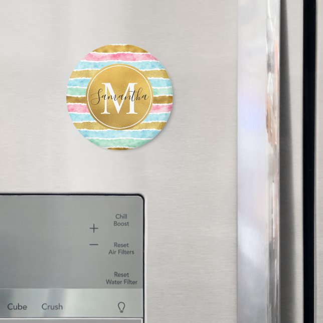 Gold Watercolor Stripes Monogram Magnet (In Situ (Fridge))