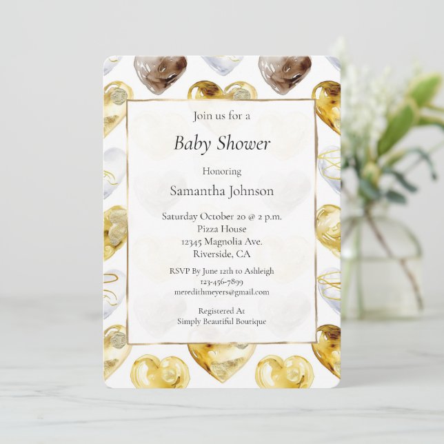 Gold White Chocolate Hearts Baby Shower Inbjudningar (Stående Fram)