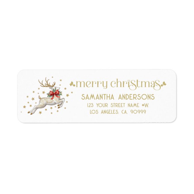 Gold White Christmas Reindeer Returadress Etikett (Framsidan)