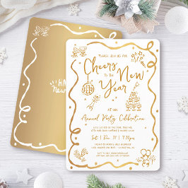 Gold White New Year Cheer Hand Drawn Sketch Party Inbjudningar
