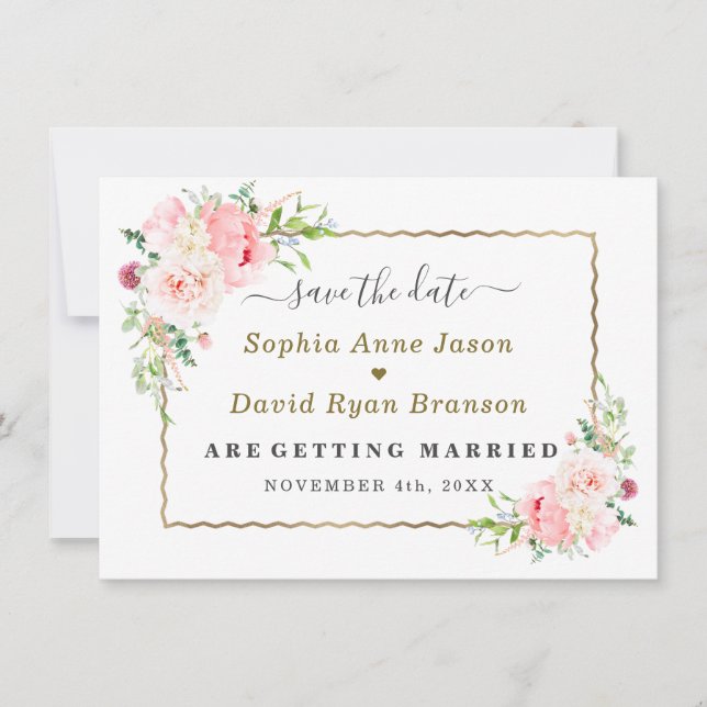 Gold Wild Pink Flowers Wedding Calligraphy  Spara Datumet (Framsida)