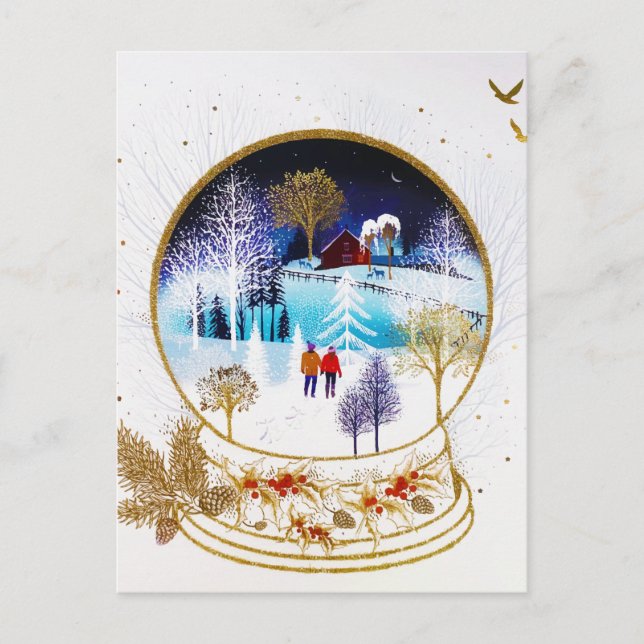 Gold Winter Eve Couple Snowglobe Forest Home Helg Vykort (Framsida)
