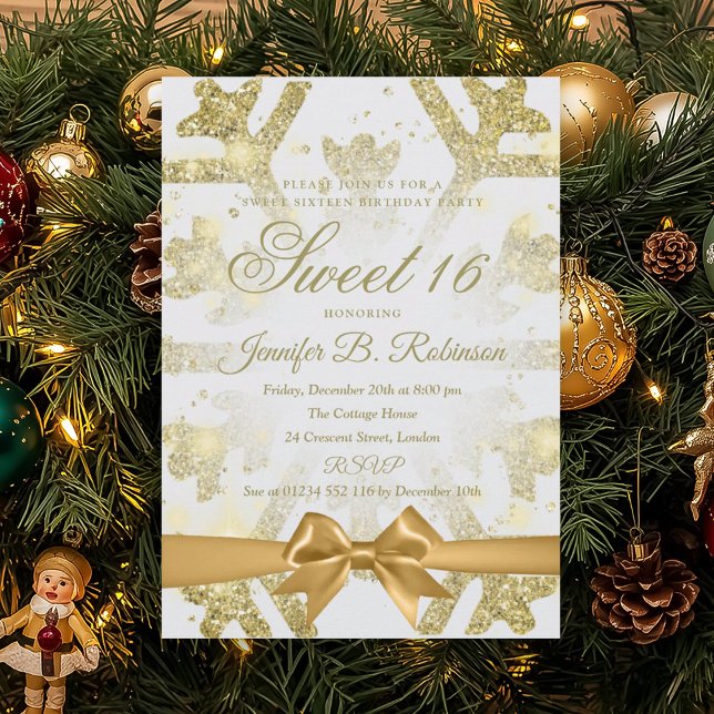 Gold Winter Glitter Bow Sweet 16 Birthday Party Inbjudningar (Gold Winter Glitter Bow Sweet 16 Birthday Party Invitation)