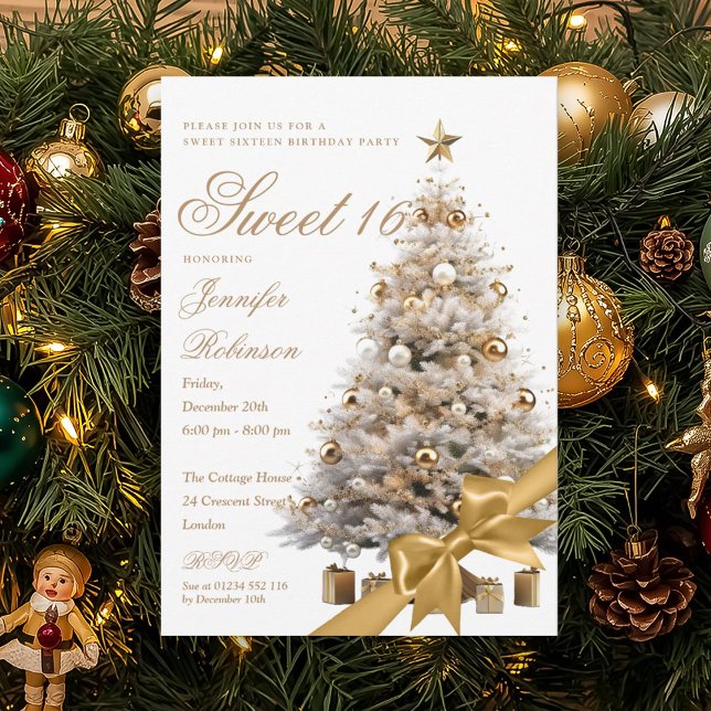 Gold Winter Wonderland Bow Sweet 16 Birthday Party Inbjudningar (Gold Winter Wonderland Bow Sweet 16 Birthday Party Invitation)