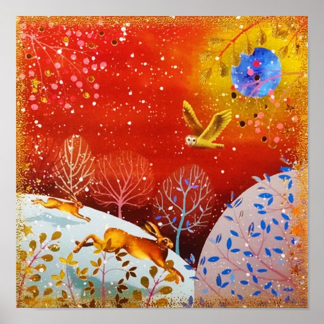 Gold Winter Woodland Rabbit Owl Watercolor Poster (Framsidan)
