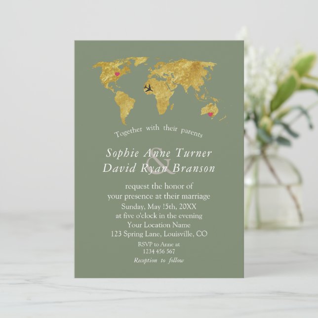Gold World Map Destination Sage Green Wedding Inbjudningar (Stående Fram)